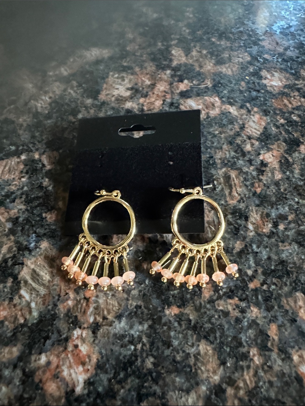 Gold Hoop Earrings with Peach-Pink Bead Fringe